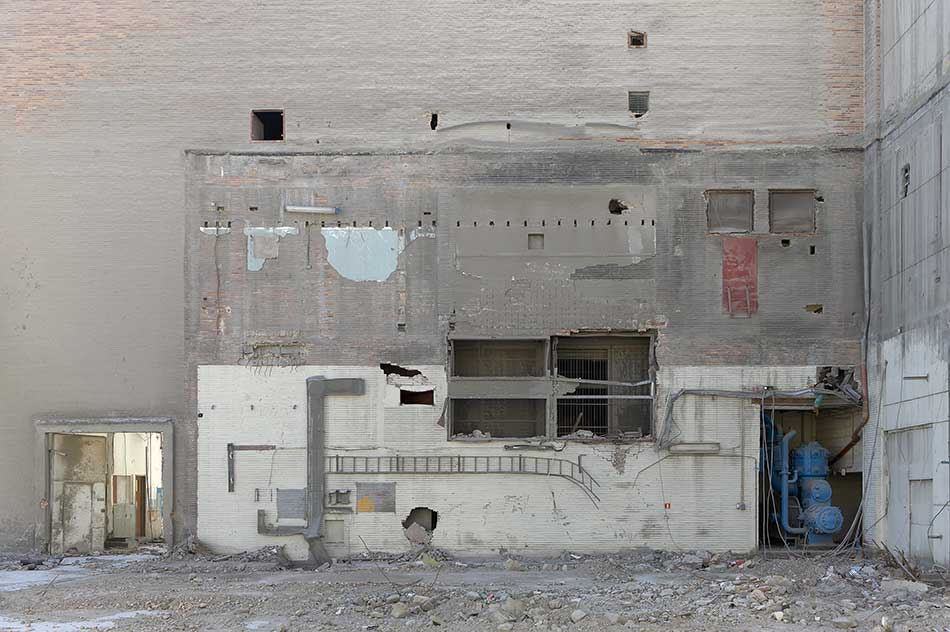The demolition of a cement factory that looks like a theater stage