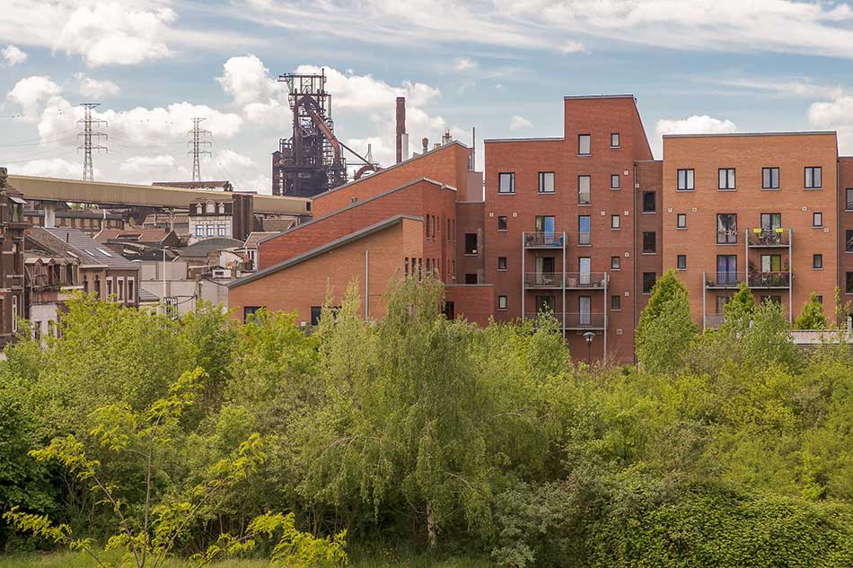 Urban renewal with the remains of a blast furnace in the background
